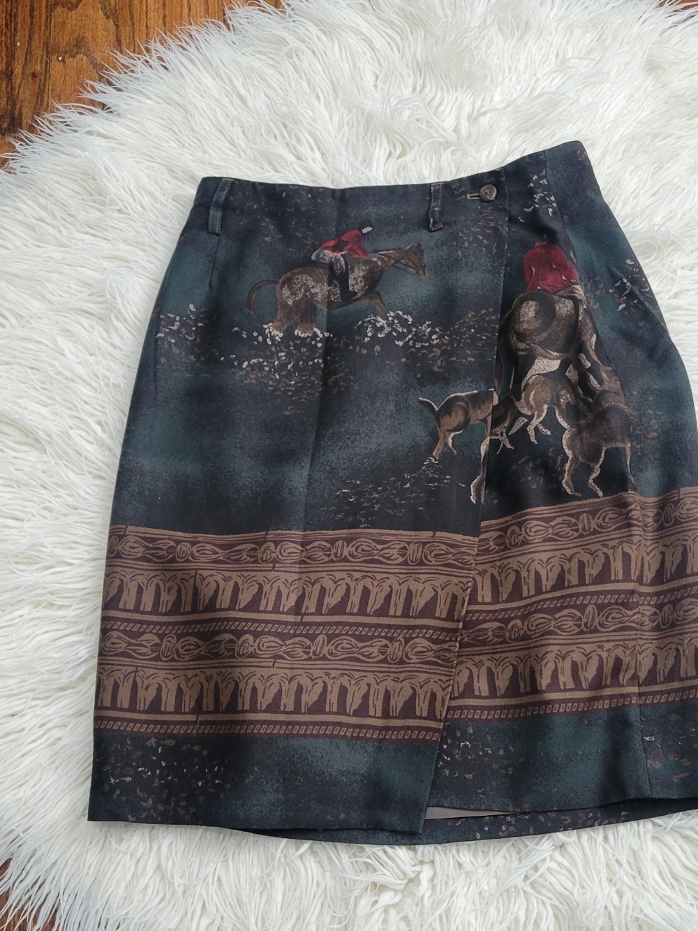 Breeches Vintage Equestrian Print Skirt in Dark Green and Brown